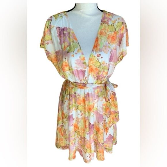 Aakaa Dresses & Skirts - Aakaa Babydoll Mini-Dress Low V-Neck, Belted,  S/S Peach, Pink, Green Lg NWT